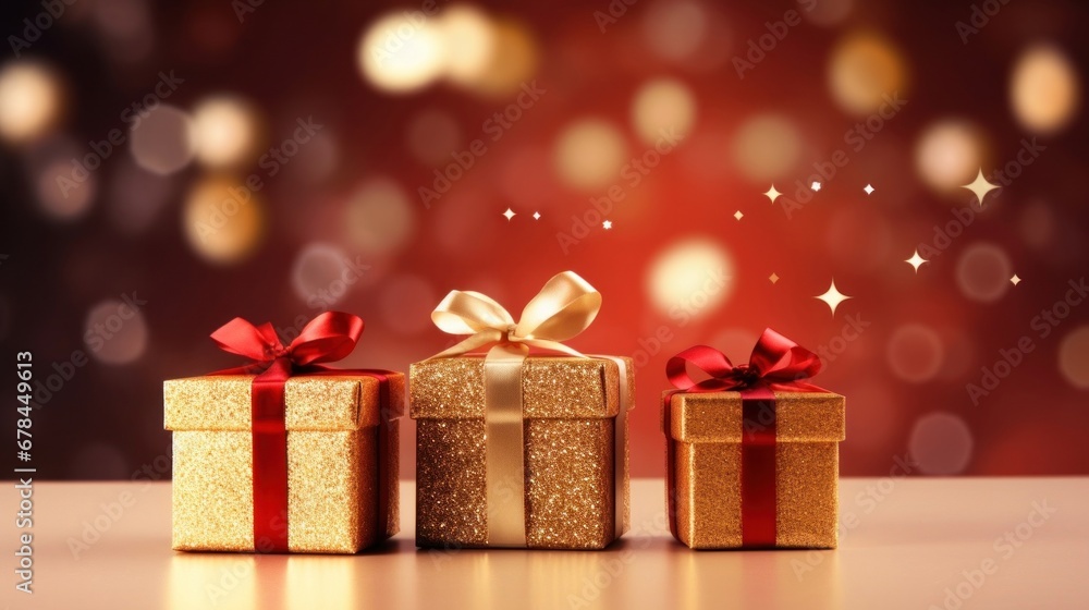 Golden gift presents on a light dark red background with colorful bokeh and stars glittering Golden gift presents on a light dark red background with colorful bokeh and stars glittering