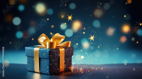 Golden gift present on a light dark blue background with colorful bokeh and stars glittering