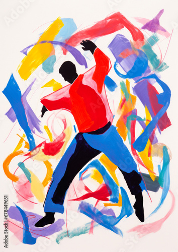 Gouache painting of a man   boy dancing and expressing himself through movement - fashion hiphop illustration  in pastel colours  hand painted