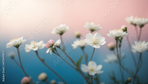 Small white flowers on a toned on gentle soft blue and pink background