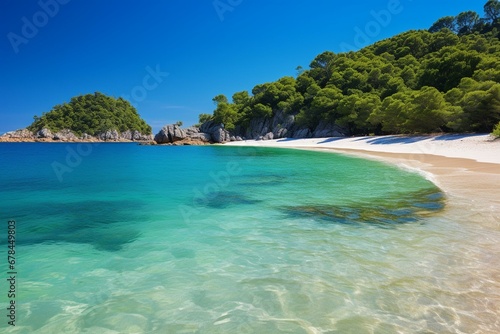 Idyllic seashore surrounded by lush greenery and crystal-clear waters. Generative AI © Aphrodite