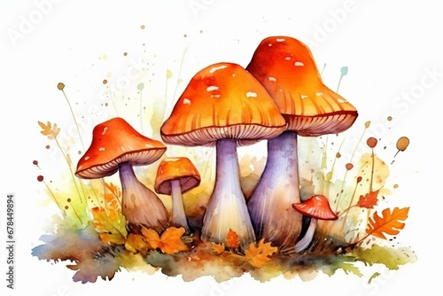 Watercolor illustration of autumn mushrooms. Generative AI