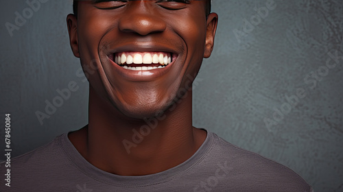 portrait of a happy black muscular man on grey background  photo