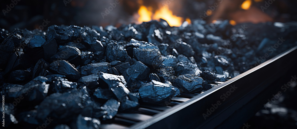 A belt conveyor carrying coal. - obrazy, fototapety, plakaty 