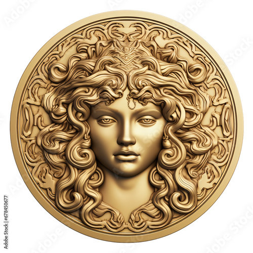 Medusa head engraved gold coin isolated photo