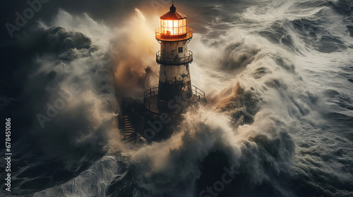 A lighthouse stands firm against stormy waves.