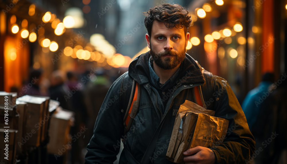 Confident man in winter city, smiling, looking at camera generated by AI Confident man in winter city, smiling, looking at camera generated by AI
