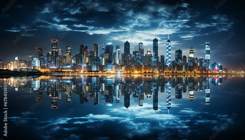 Bright cityscape reflects in water, illuminating modern skyscrapers at night generated by AI