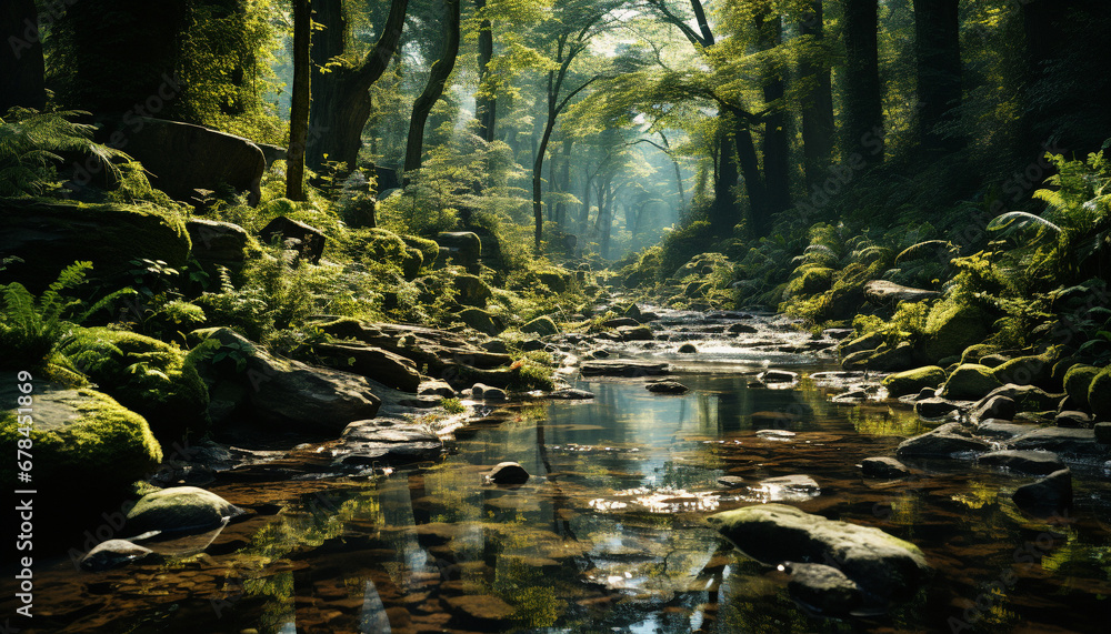 Tranquil scene green forest, flowing water, reflecting natural beauty generated by AI
