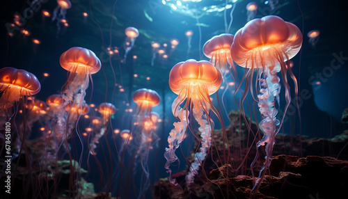 Glowing fish swim in deep sea, showcasing underwater beauty generated by AI