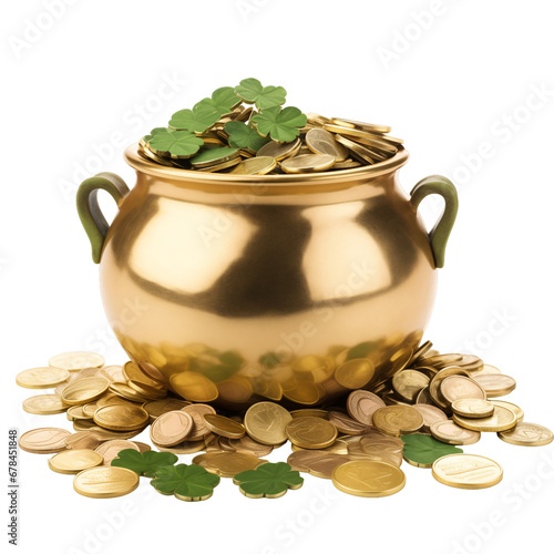 Golden pot with two handles filled with gold coins with clover leaves on top isolated photo