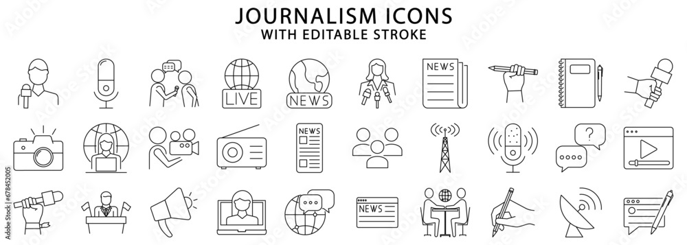 Journalism icons. Journalism icon set. Journalism line icons. Vector illustration. Editable stroke.