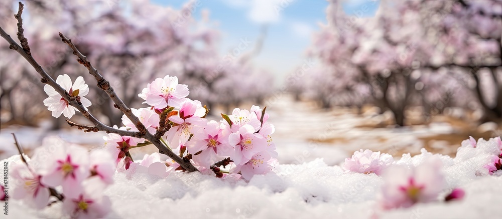 Obraz premium Almond tree in full bloom surrounded by white petals like snow