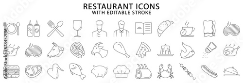 Restaurant icons. Restaurant icon set. Restaurant line icons. Vector illustration. Editable stroke.