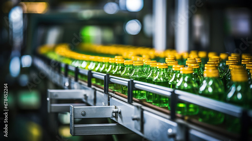 Conveyor system bottling juice in a factory.