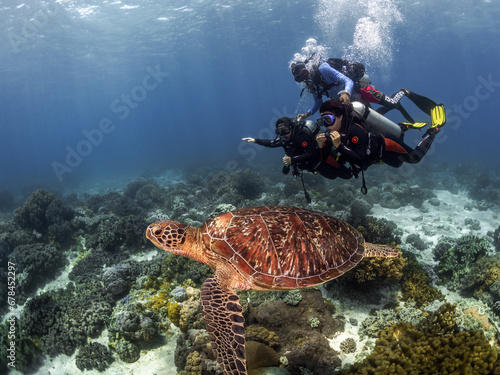 A dive instructor teaches two students to dive showing a sea turtle over a coral reef.