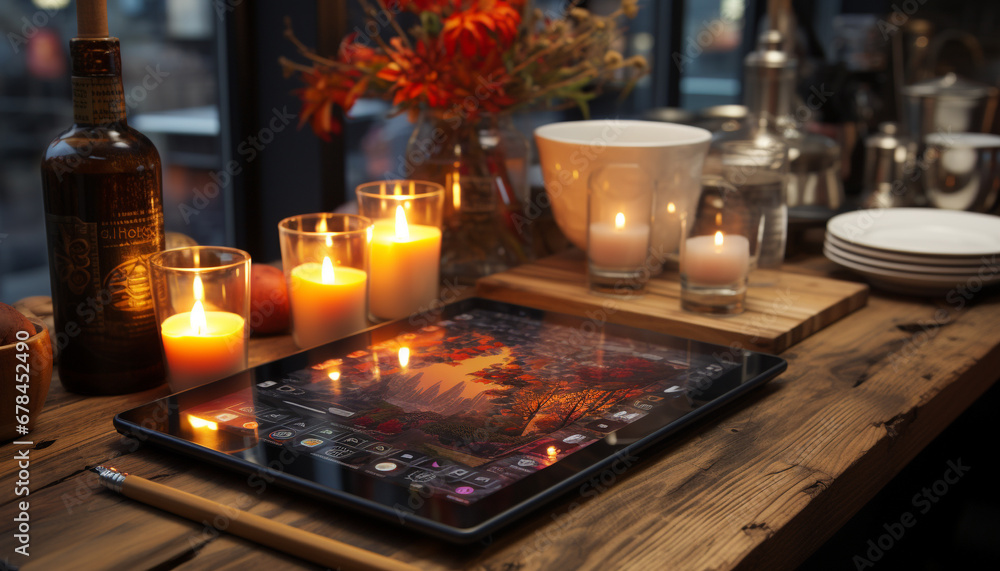 A burning candle illuminates the table, creating a cozy ambiance generated by AI