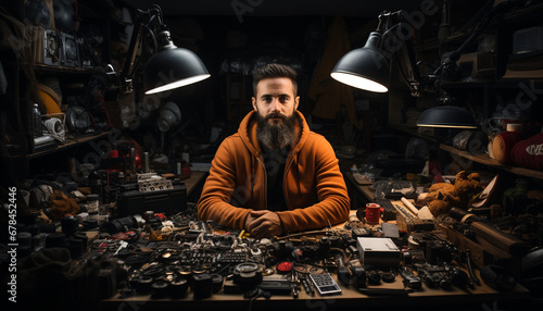Young adult Caucasian male mechanic repairing equipment in workshop generated by AI