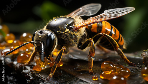 Small bee collecting pollen from yellow flower in nature generated by AI