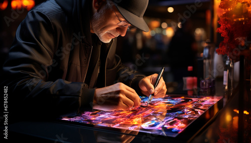One man, painting colors, concentration, holding paintbrush, sitting, looking generated by AI