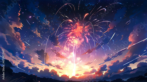 空に打ちあがった花火のアニメ風イラスト photo