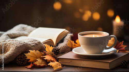 A cozy coffee cup with books and fall decorations.