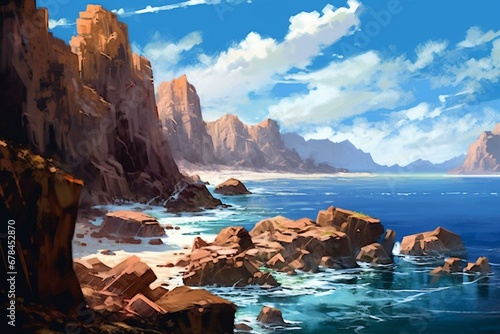 Scenic rocky coastline with stunning cliffs and captivating horizon painted in digital art. Generative AI
