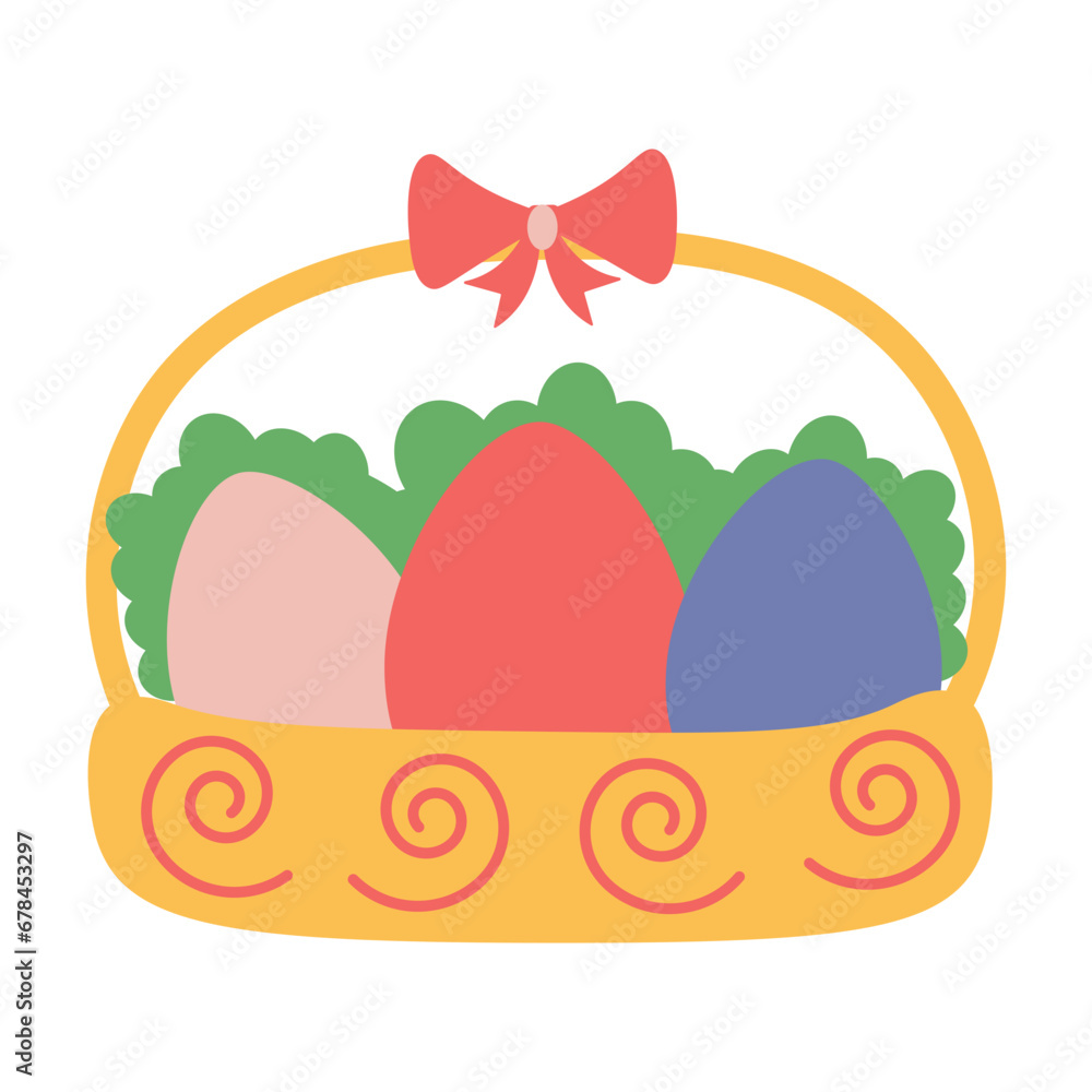 Fototapeta premium Easter egg baskets illustration. Baskets with colored eggs, grass, and rabbit. Vector illustration.