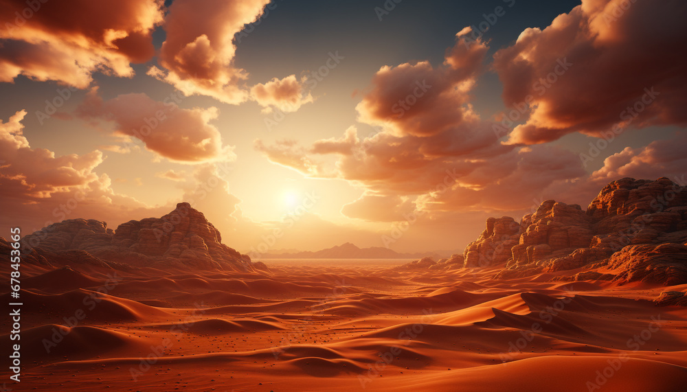 Majestic sunset over arid mountains, tranquil beauty in nature generated by AI