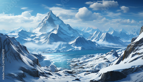 Majestic mountain peak, snow covered landscape, tranquil scene, icy water generated by AI