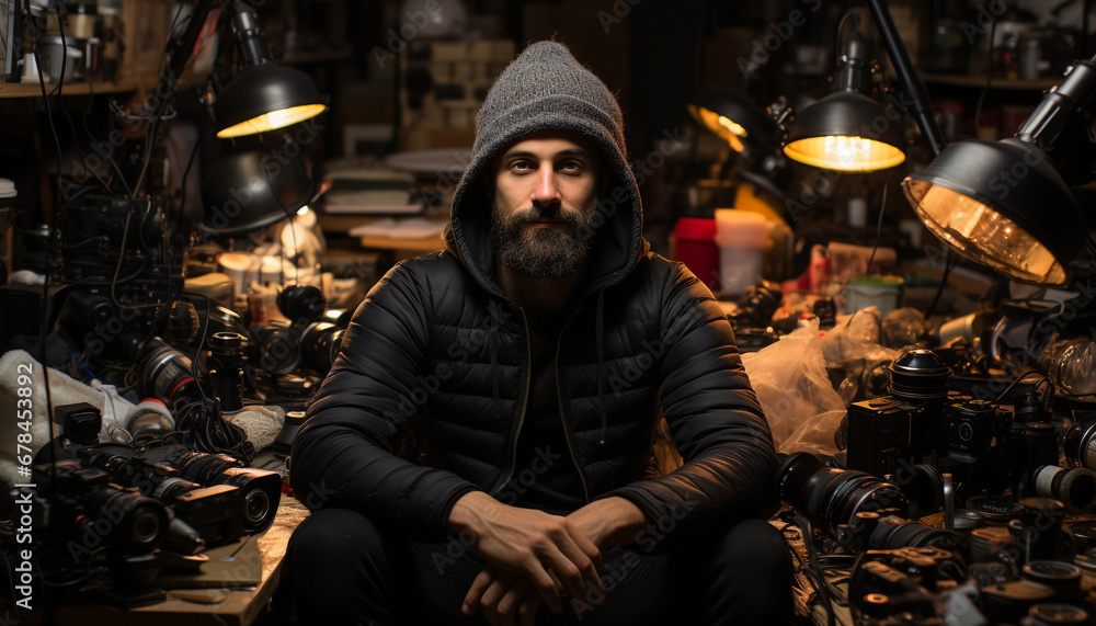 Obraz premium Confident young man, owner of workshop, holding camera, looking serious generated by AI