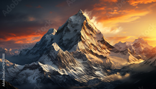 Majestic mountain peak, snowcapped and awe inspiring, in a panoramic landscape generated by AI