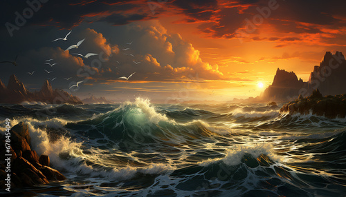 Sunset over the coastline  waves splashing on rocky cliffs generated by AI