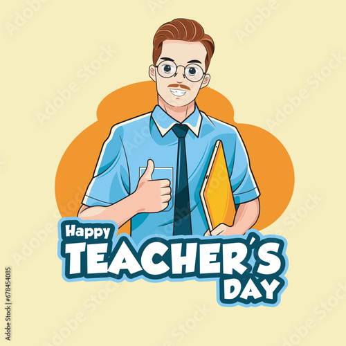 Happy Teachers Day vector illustration with wearing eyeglasses and laptop
