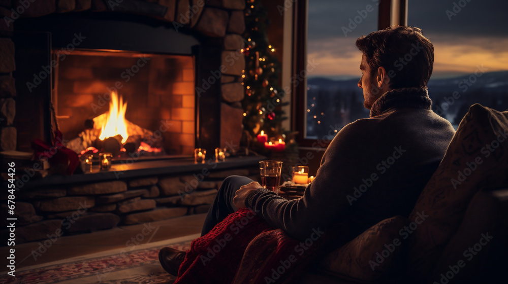 Man sitting by the fireplace and looking at the Christmas tree at home Man sitting by the fireplace and looking at the Christmas tree at home