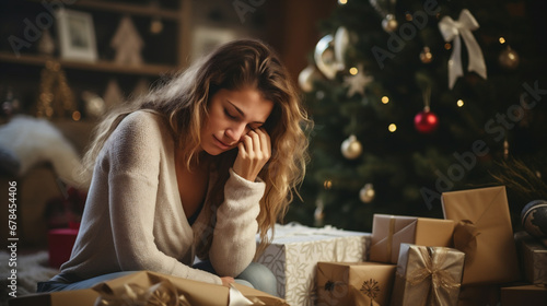Beautiful sad young woman sitting on the floor in front of christmas tree  photo
