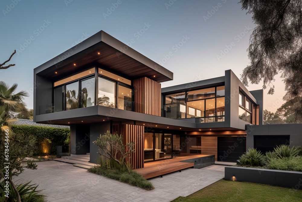 Stunning home, contemporary design, wooden exterior, manicured garden. Generative AI