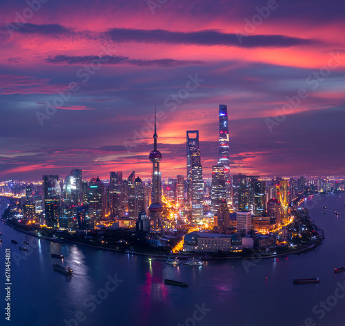 shanghai city from top view with river and morning sky background © anekoho