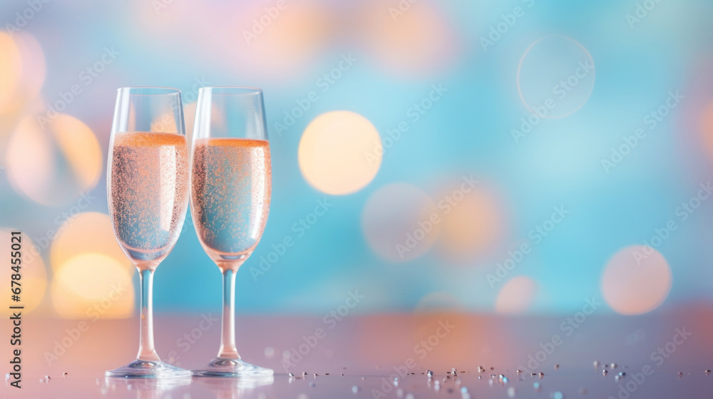 A two glass of sparkling wine on a soft pastel colorful bokeh background A two glass of sparkling wine on a soft pastel colorful bokeh background