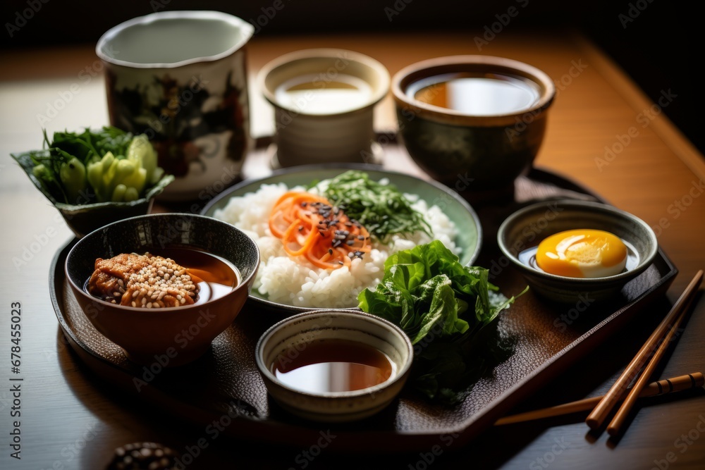 A traditional Japanese breakfast spread featuring a bowl of Natto, fermented soybeans, accompanied by white rice, miso soup, pickled vegetables, and green tea