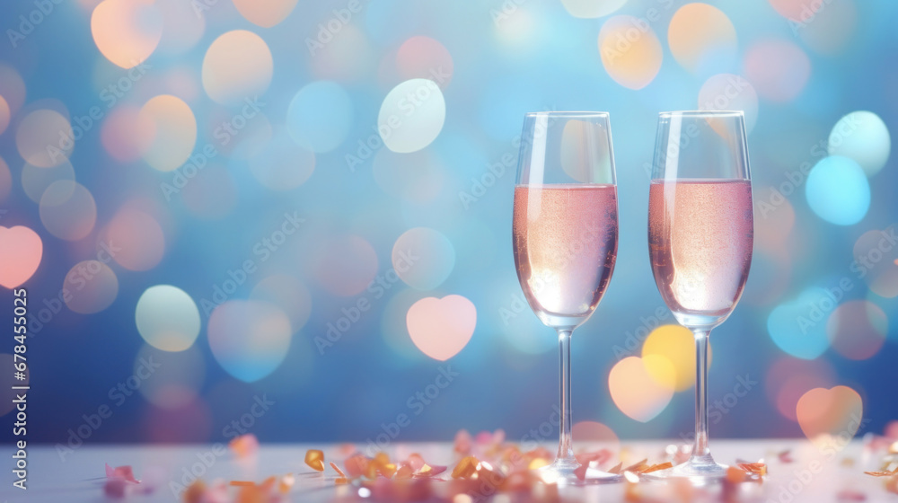 A two glass of sparkling wine on a soft pastel colorful bokeh background A two glass of sparkling wine on a soft pastel colorful bokeh background