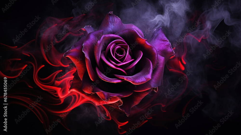 Purple rose wrapped in red smoke swirl on black background Purple rose wrapped in red smoke swirl on black background