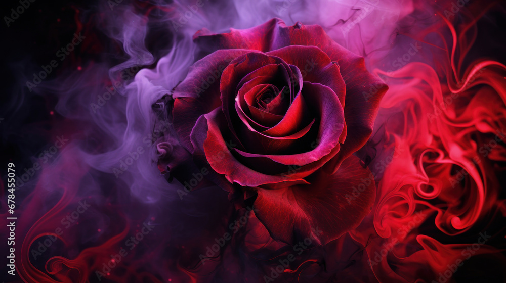 Purple rose wrapped in red smoke swirl on black background Purple rose wrapped in red smoke swirl on black background
