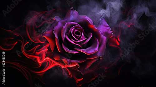 Purple rose wrapped in red smoke swirl on black background