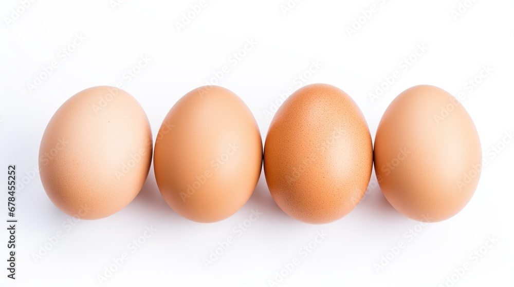 A closeup ,chicken eggs on a white background. Generative AI A closeup ,chicken eggs on a white background. Generative AI