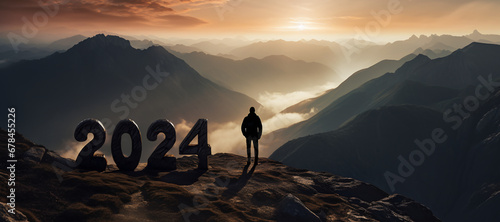 silhouette of a man on top of a mountain with a giant number that forms the new year 2024 - concept of achieving goals