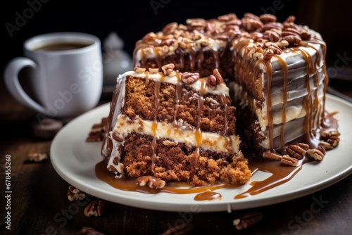 A Deliciously Tempting Slice of German Chocolate Cake  Drizzled with Caramel  Sprinkled with Coconut Flakes and Pecans  Perfectly Paired with a Cup of Coffee