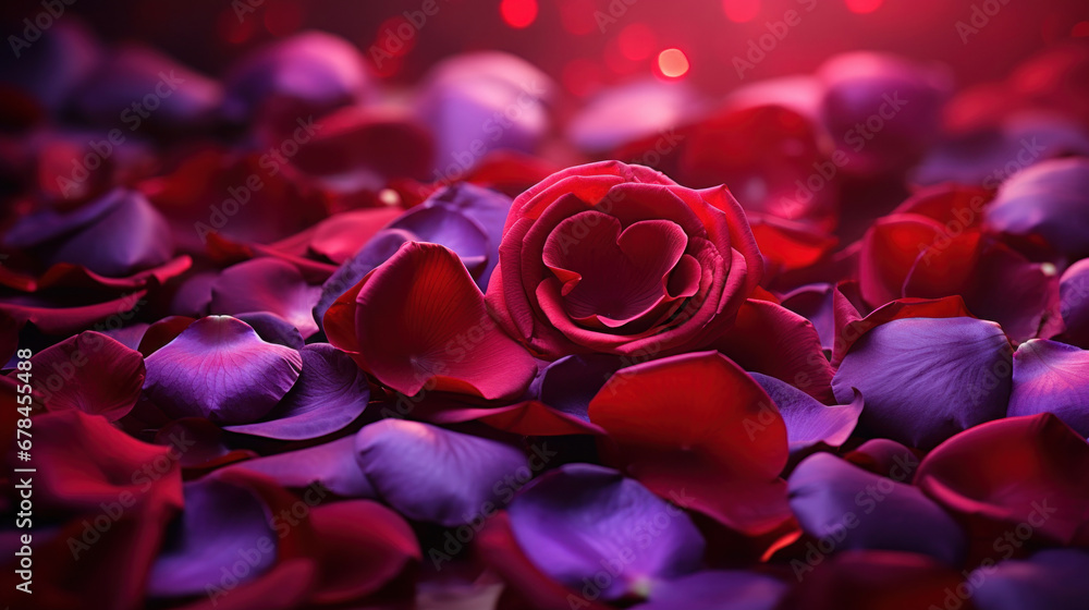 Pink and red roses petals on a bokeh background. Pink and red roses petals on a bokeh background.