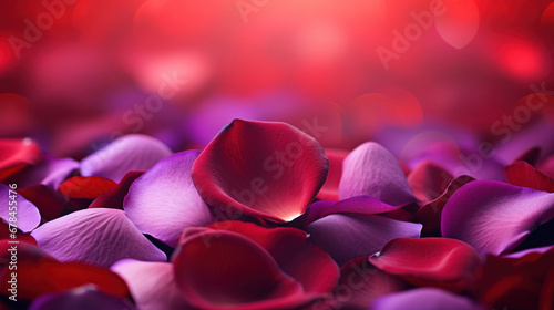 Pink and red roses petals on a bokeh background.