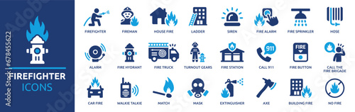 Firefighter icon set. Containing fireman, fire truck, hose, fire station, house fire, siren and fire hydrant. Solid firefighting vector icons collection. photo